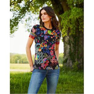 Johnny Was Janie Favorite Jenny Love Short Crew Floral Tee Shirt Black Top NEW